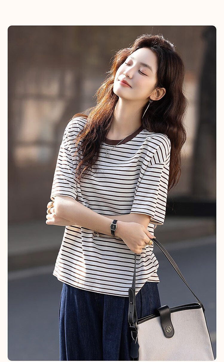Demana [Leisure Style] Summer Simple Retro Striped Five-Sleeve Loose Fit Slimming Women's T-Shirt 2