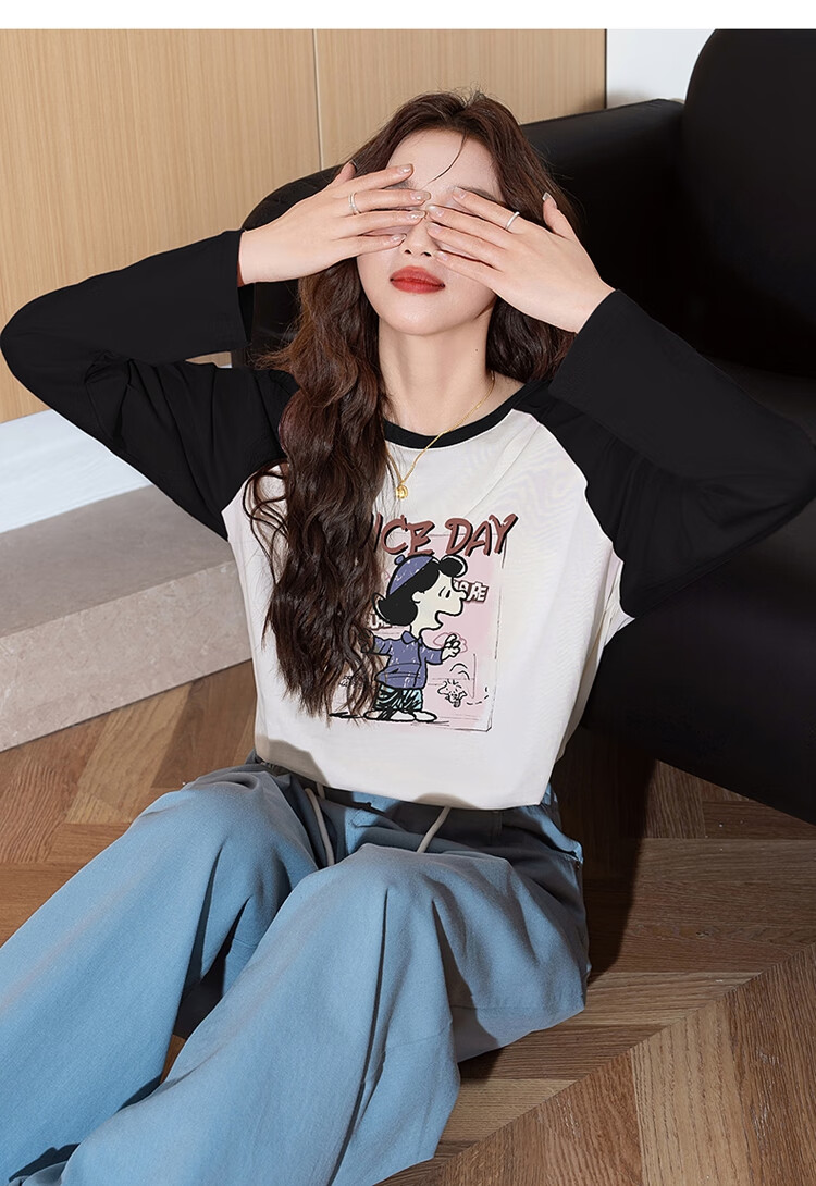 TonLion Autumn And Winter Long-Sleeve T-Shirt for Women, Wearable As Outerwear, Knitted Front Chest Cartoon Photo Raglan Long-Sleeve T-Shirt, Women's Clothing with A High-End Feel 11
