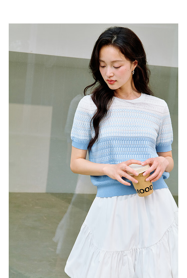 INMAN INMAN [Runway Style] Dindal Round Neck Knit Short-Sleeve T-Shirt for Women, Summer 2026 Top, Pink, Baitiao L 3