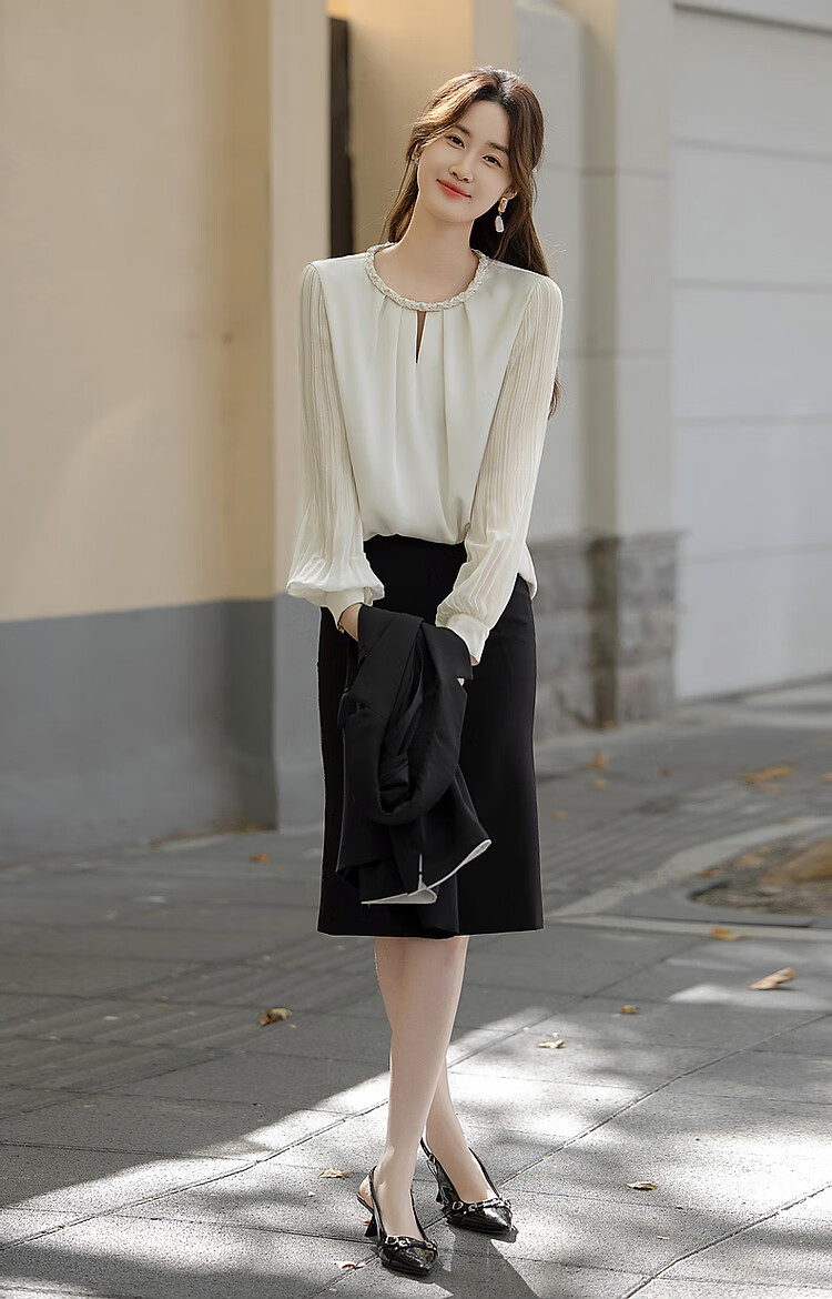Dme [Selected Satin with Luster Yarn] Spring And Autumn Color-Block Round Neck Knit Strap Blouse, Pleated Patchwork Shirt, Women's Top 9