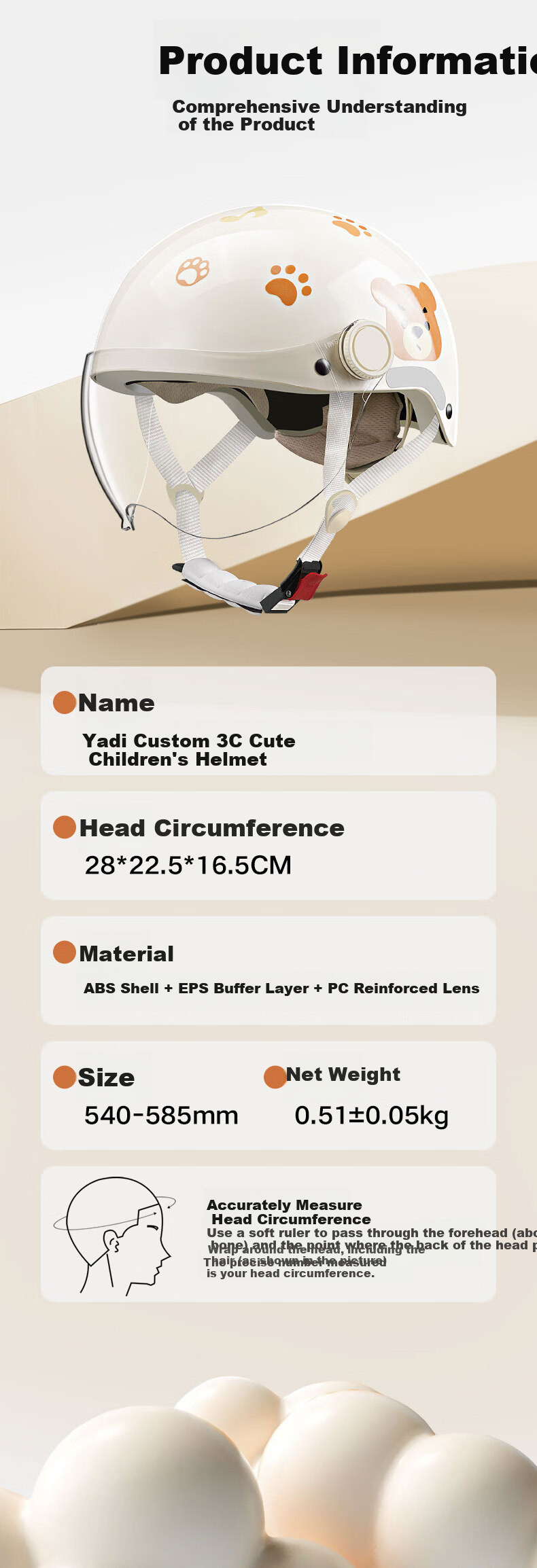 Yadi Children's Helmet, Electric Bike Helmet Motorcycle Helmet, 3C Certified New National Standard A-Grade All-Season Lightweight Cute Baby Safety Helmet, Little Monster 14