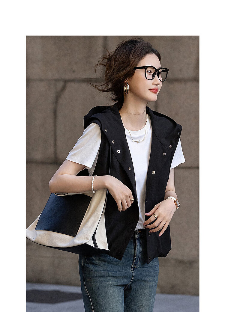 Dme [Minimalist Return] Autumn Simple Style Commuter Hooded Sleeveless Four-Button Casual Jacket Women's Outerwear 14