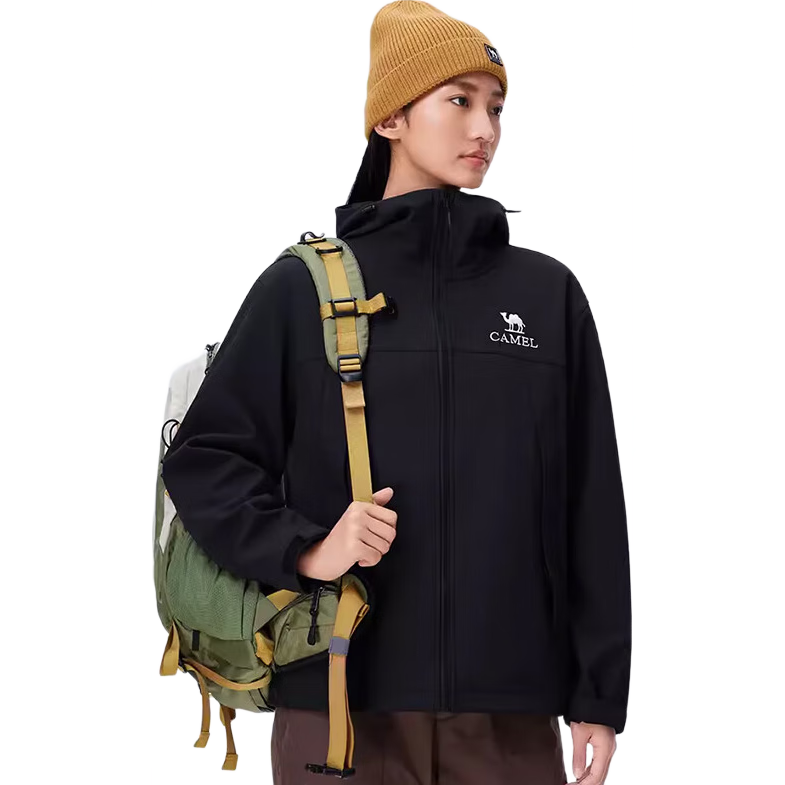 CAMEL Outdoor Soft Shell Jacket, Unisex Hooded Water-Repellent Windproof Mountaineering Hiking Coat A34CZ01797 L