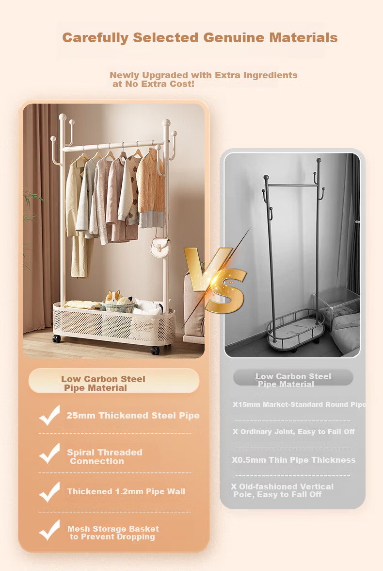 Shengnuoyilin Floor-Standing Coat Rack with Wheels, Movable Clothes Hanger, Simple Bedroom Coat Stand, Home Use Garment Rack, White, 60cm 1