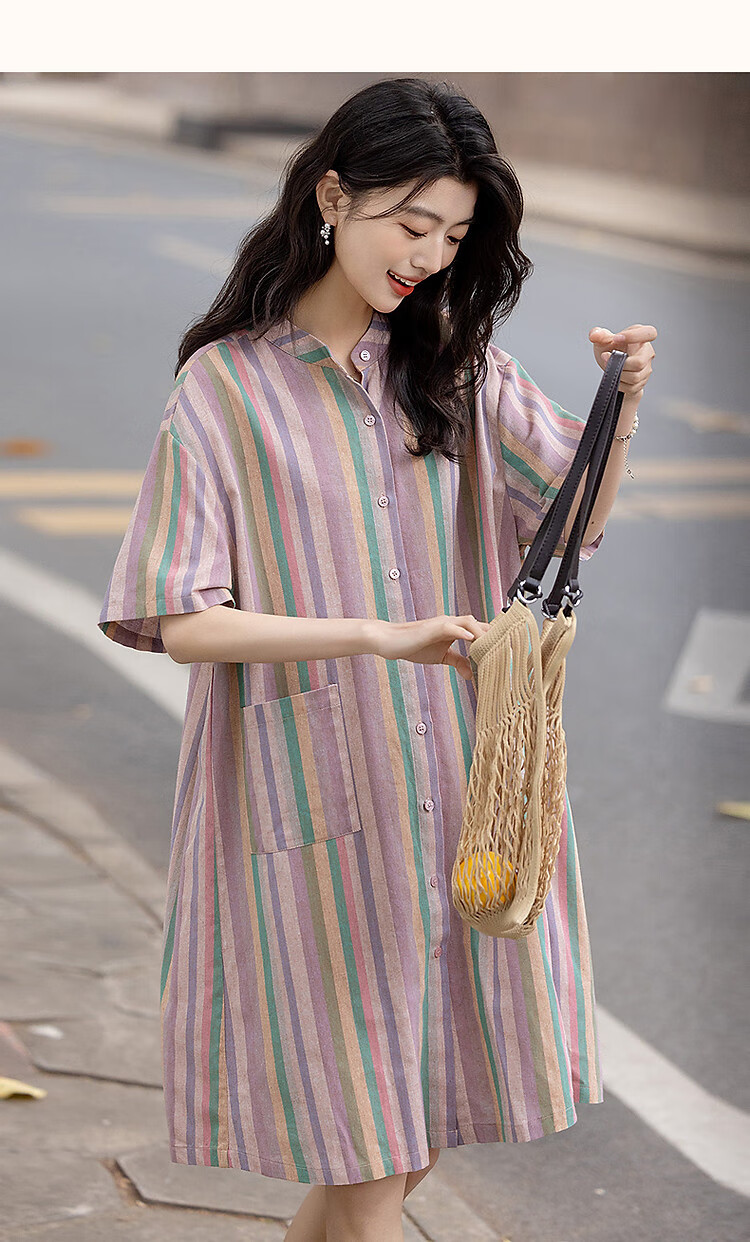 Dme [Healing Class Style] Summer Short Stand-Collar Cotton Lyocell Blend Short-Sleeve Loose Waist Mid-Length Women's Dress 7