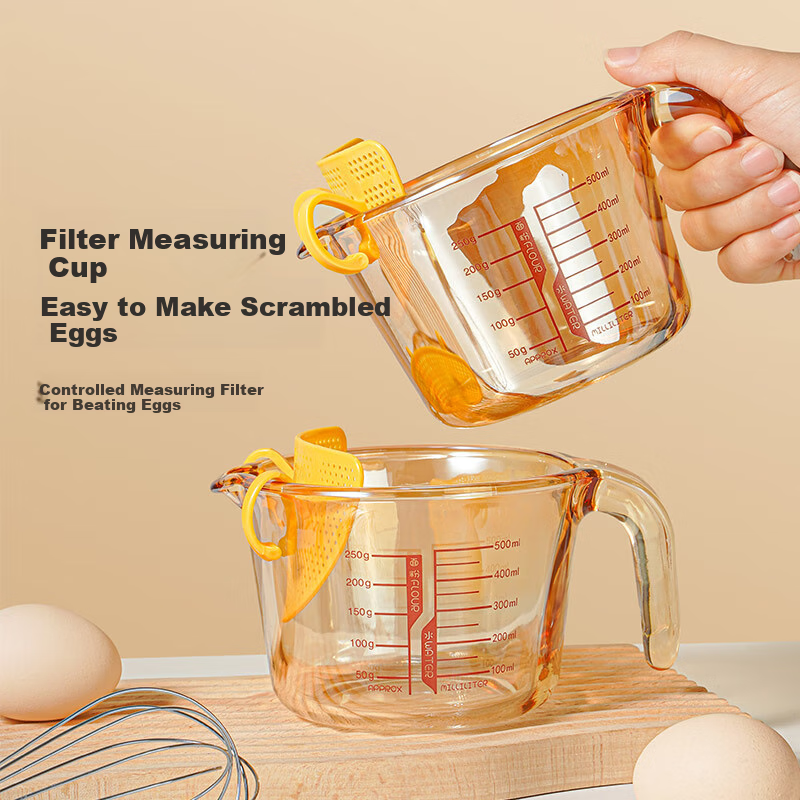Mohuanchufang Glass Measuring Cup with Scale, Heat-Resistant Rice Washing Tool, Food-Grade Baking Filter, Egg Liquid Container, Home Breakfast Milk Cup