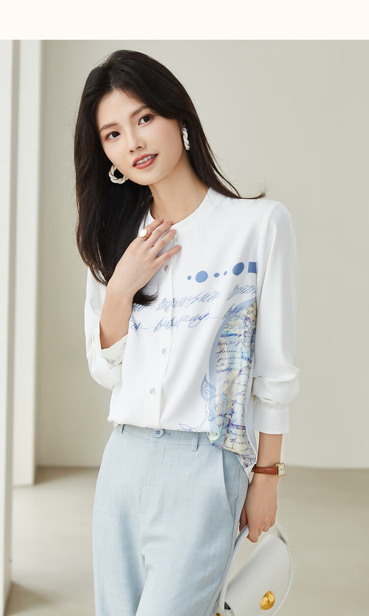 Dme [Romantic Paris] Spring And Autumn Round Neck Chiffon Blouse, Long Sleeve Printed Shirt, Women's Top 13