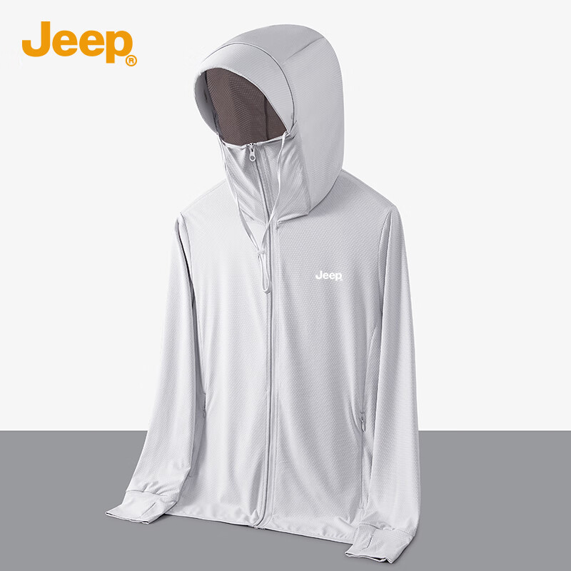 JEEP [UPF50+] Sun Protection Jacket for Men, Summer Hooded Breathable Lightweight Quick-Dry Menswear 9088, Light Gray, M