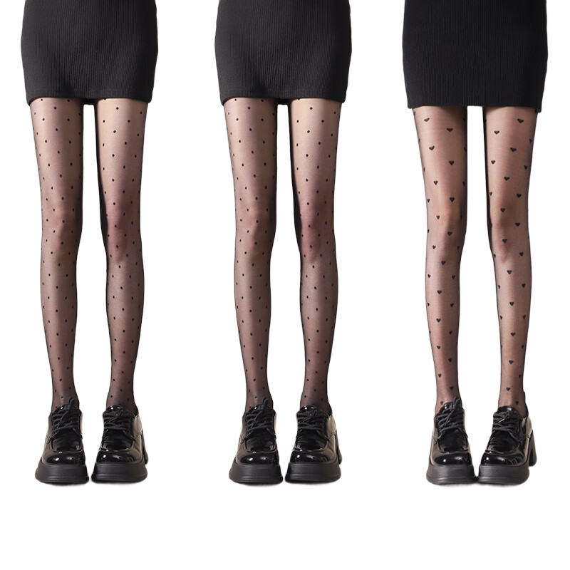LangSha Polka Dot Black Sheer Tights Thin Anti-Snag Spring Autumn Sexy Long Leg Heart Pattern Pantyhose
