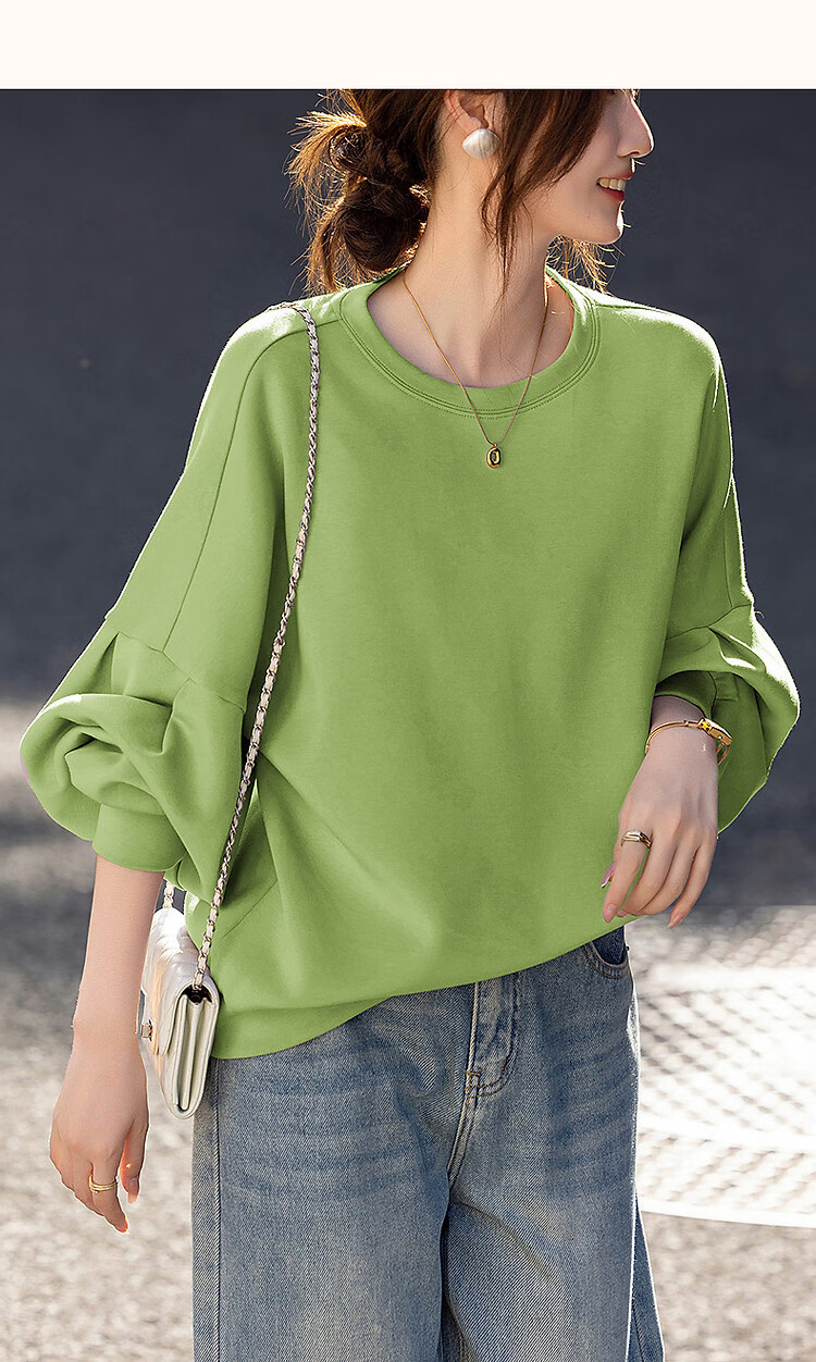 Dme 350G Air Layer Spring Simple Round Neck Lantern Sleeve Loose Fit Sweatshirt for Women 13