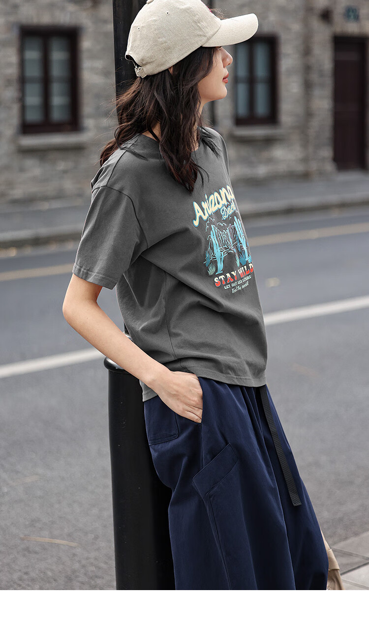 Dme [Vintage Floral Print T-Shirt], Summer Style, Grayish Blue Round Neck Decorative Short-Sleeve T-Shirt for Wome 17
