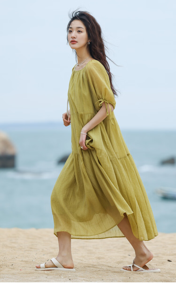 Dme Relaxed Fit Round Neck Long Dress Summer Vacation Fabric Textured Sleeve Cuff Drawstring Design Dress 11