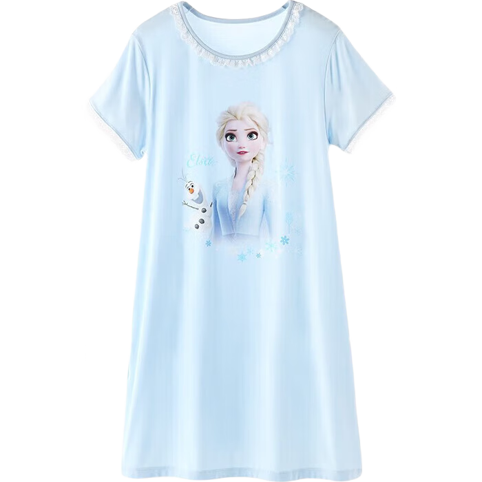 Disney Girls' Nightgown, Summer Thin Modal Sleepwear, Children's Short-Sleeve Ice Silk Pajamas, 1028D Blue, 130cm