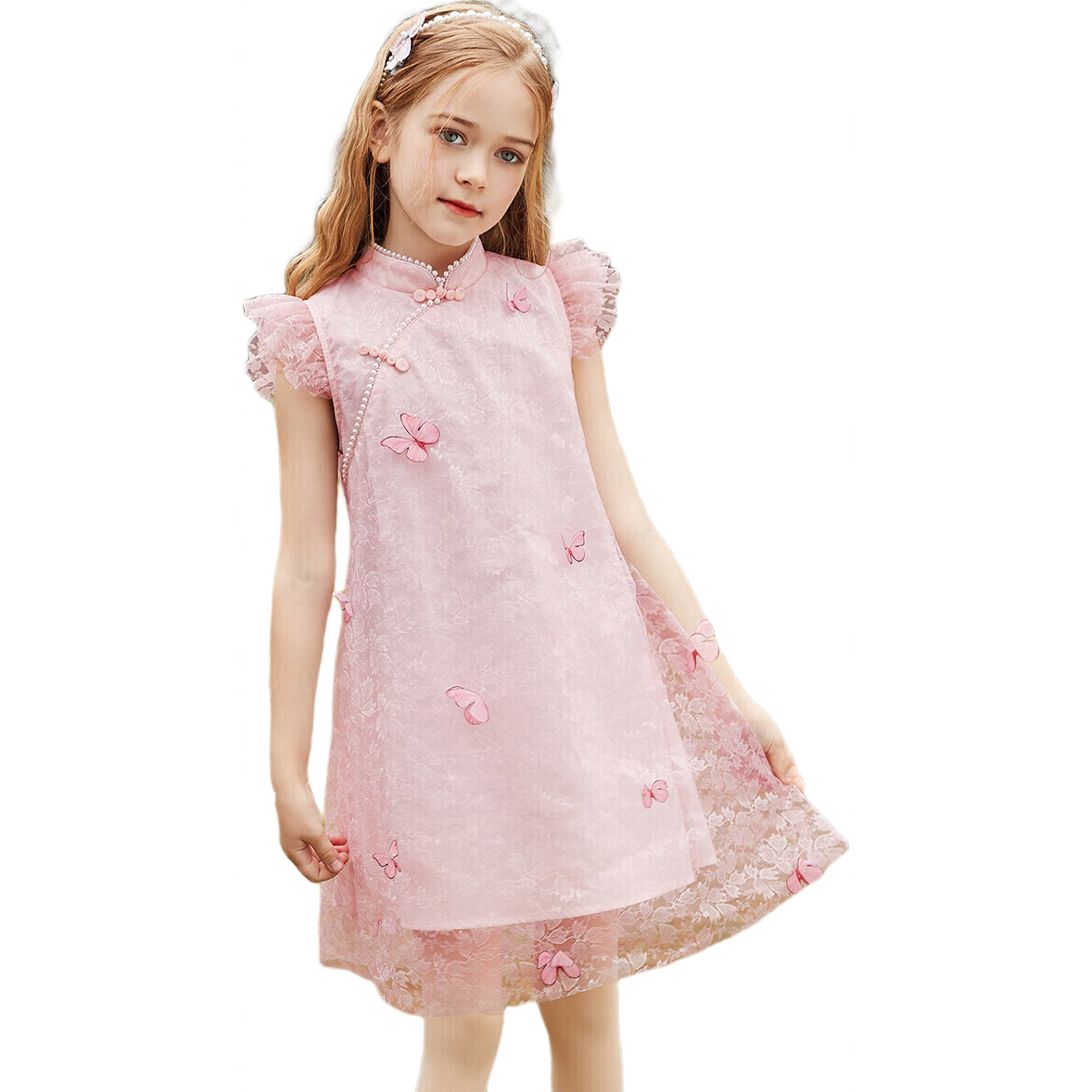 ASK JUNIOR Girls' Summer Dress with Small Flutter Sleeves, Retro New Chinese-Style Butterfly Qipao Dress, Princess Dress