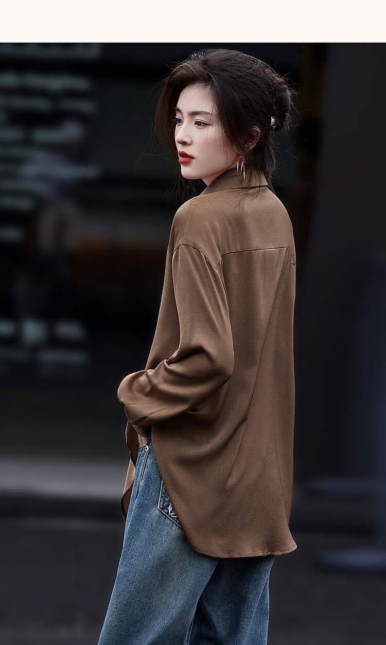 Dme [Four Seasons Wear] Spring Simple Style Commuter Shirt POLO Collar Wrinkled Shiny Texture Blouse Women's Top 16