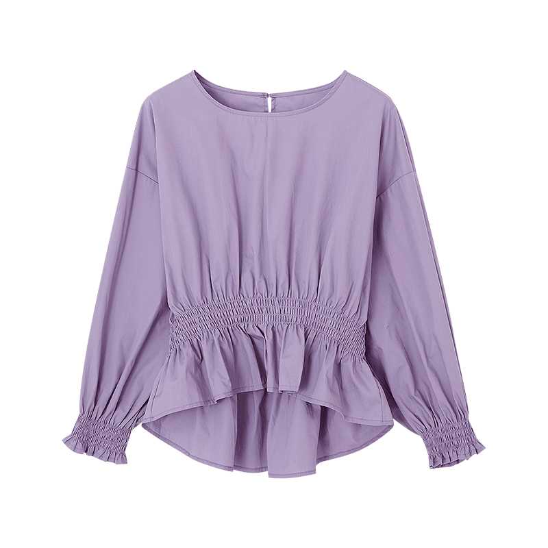 Dme [Will Breathe Cotton] Spring And Autumn French-Style Relaxed Round Neck Smock Waist-Cinching Drop Shoulder Slimming Shirt Women's Top