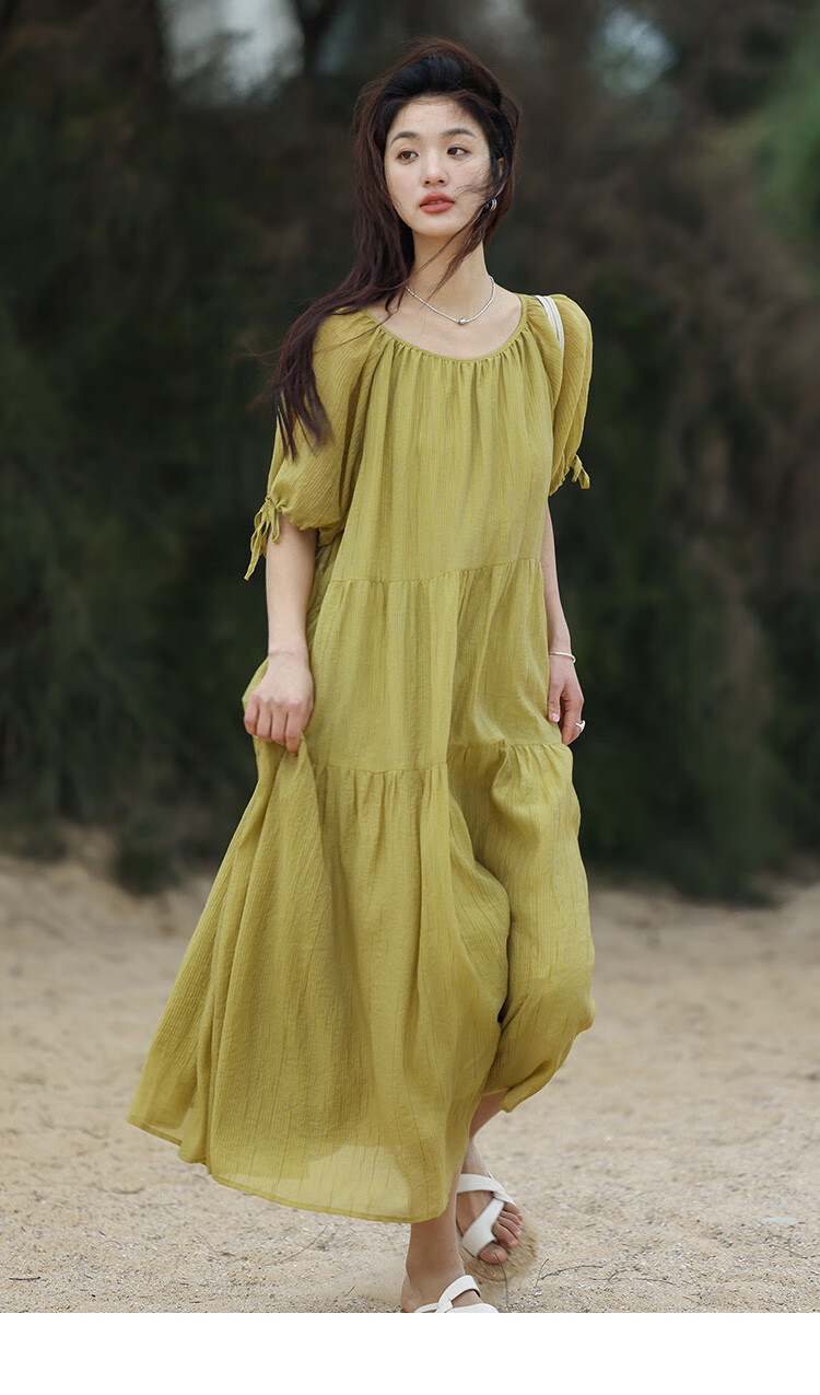 Dme Relaxed Fit Round Neck Long Dress Summer Vacation Fabric Textured Sleeve Cuff Drawstring Design Dress 10