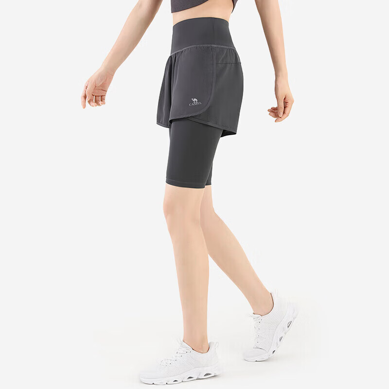 CAMEL Faux Two-Piece Quick-Dry Women's Sports Pants, Elastic Running Fitness Shorts, Y24BA4L0037M, Misty Gray, L