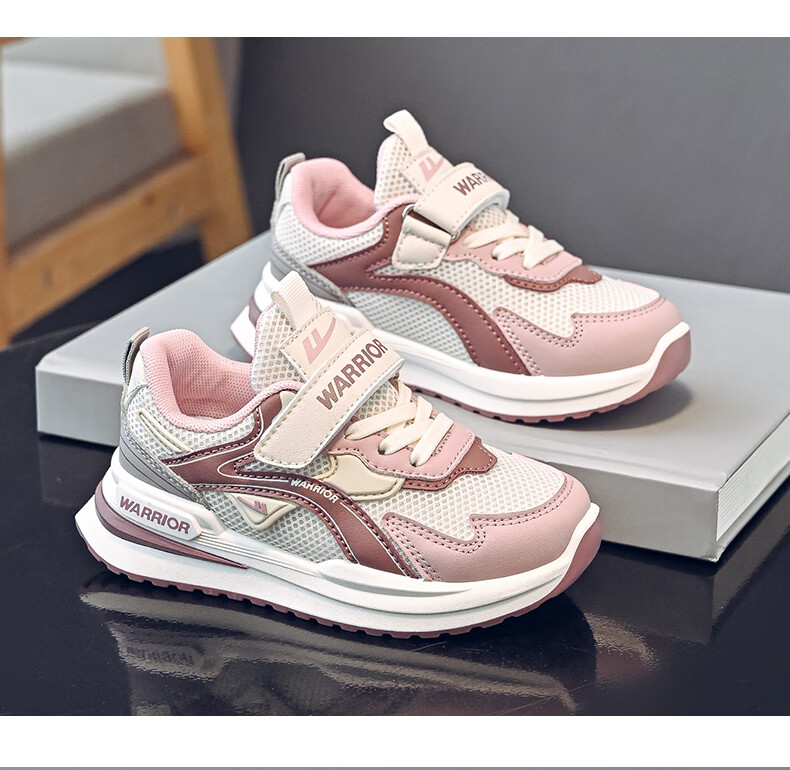 Warrior Girls' Spring and Autumn Mesh Breathable Sports Shoes Soft Sole Running Shoes WZ(CL)-1320 Beige Pink Dark Blue Size 37 10