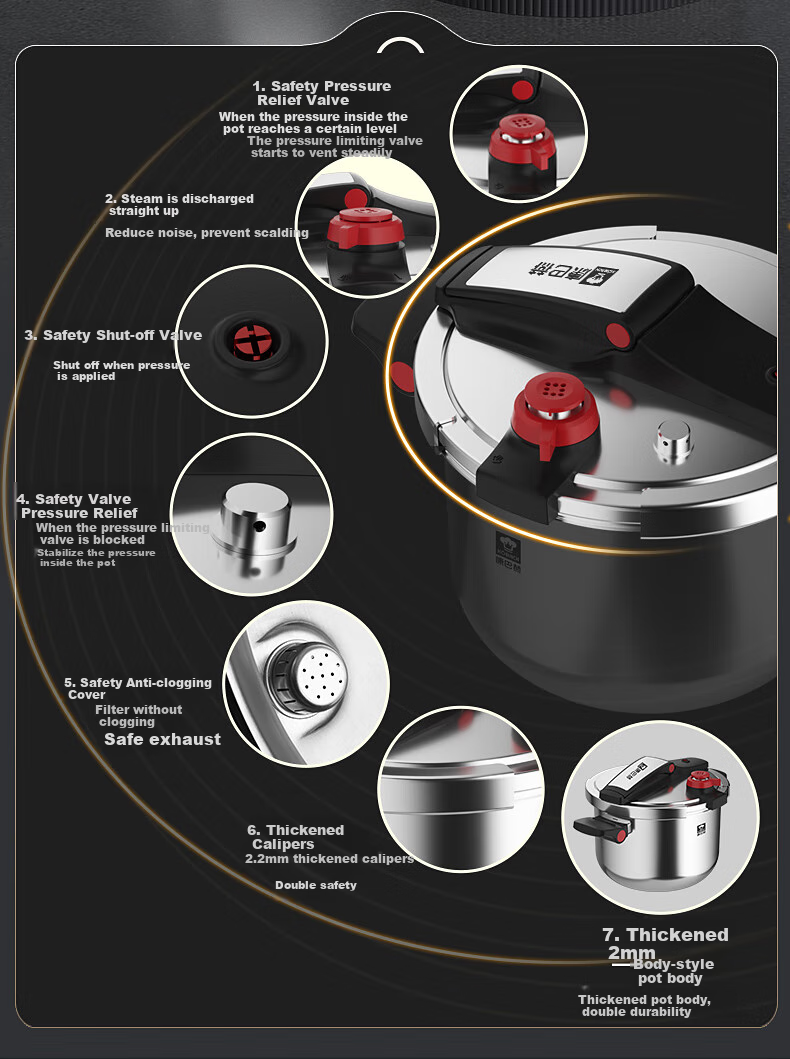 KBH Explosion-Proof Pressure Cooker, 304 Stainless Steel, Thickened, Safe for Home Use, Compatible with Gas And Induction Stoves, 22cm, 5.5L 6