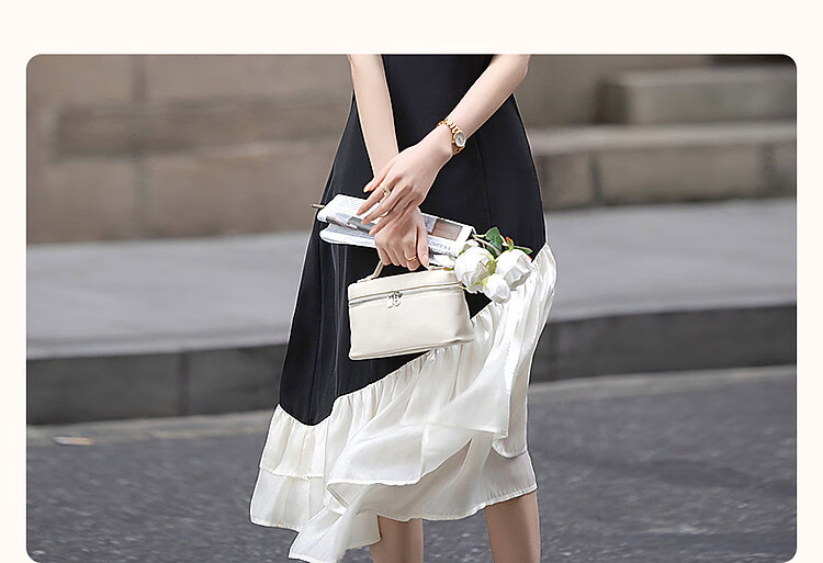 Dme [80D Random Mesh] Elegant Spliced Waist-Cinching Fish Tail Umbrella Skirt Short-Sleeve Contrasting Color Concealing Women's Dress 2