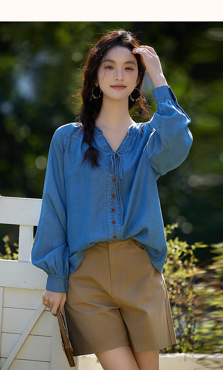 Dme [100 Lyocell] Autumn Lightweight Breathable Tie-Up Decorative Button Shirt, Loose Denim Blouse, Women's Top 10