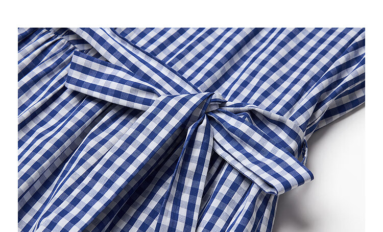 INMAN French Plaid Dress Summer Women's Versatile Puff Sleeve A-Line Skirt Navy Blue S 53