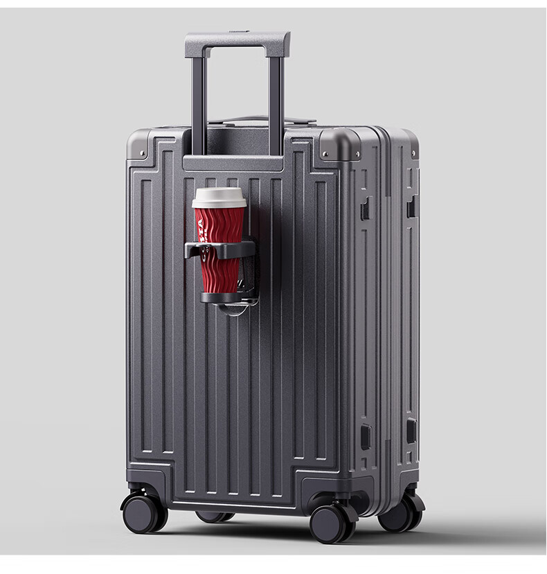 Lee High-Quality Suitcase with Cup Holder, Multifunctional Luggage, Travel Case, Student Password Lock Suitcase, Gray with Brown, 26 Inches 17