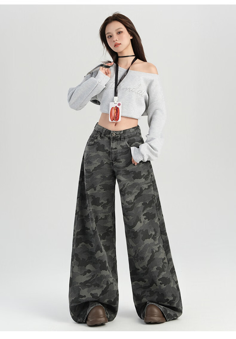 Jeanswest Women's Jeans, Spring And Summer American Camouflage, High-Waisted Slimming Straight-Leg Loose Wide-Leg Casual Pants, Gray Camouflage Long Trousers, XL 9