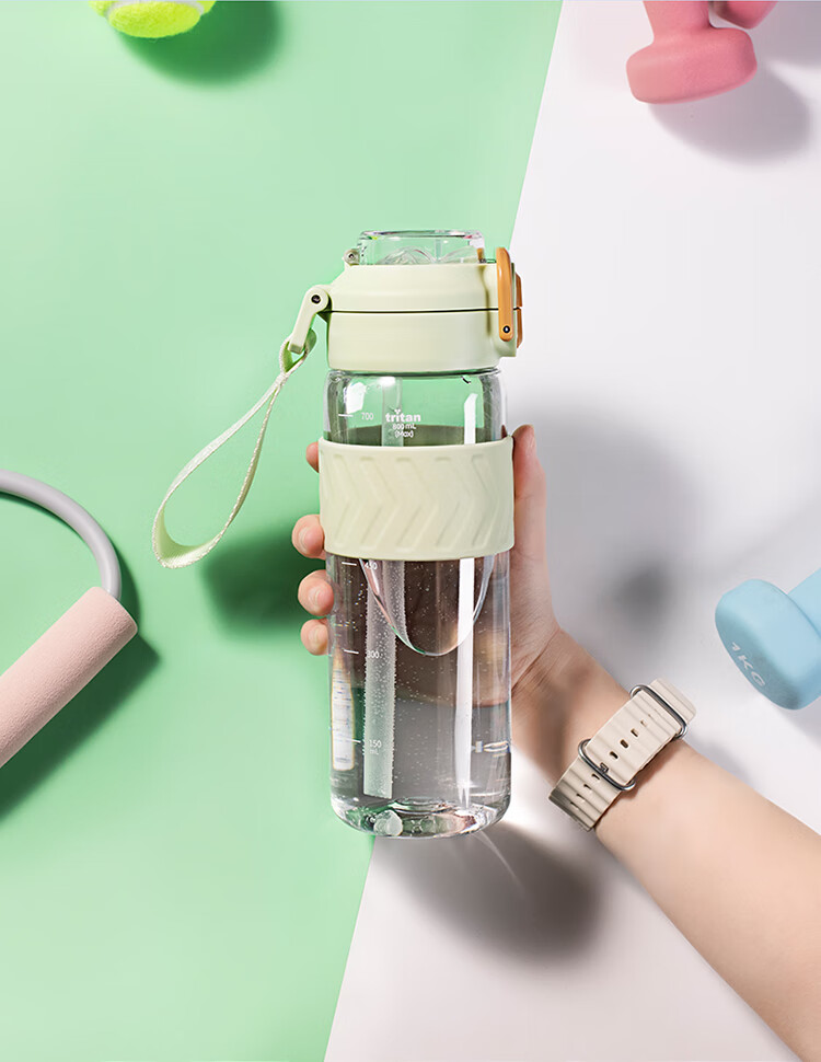 LOCK&LOCK Summer Dual-Drinking Plastic Sports Water Bottle with Straw And Handle, Outdoor Portable Water Jug for Men And Women, Beige, 1L 2