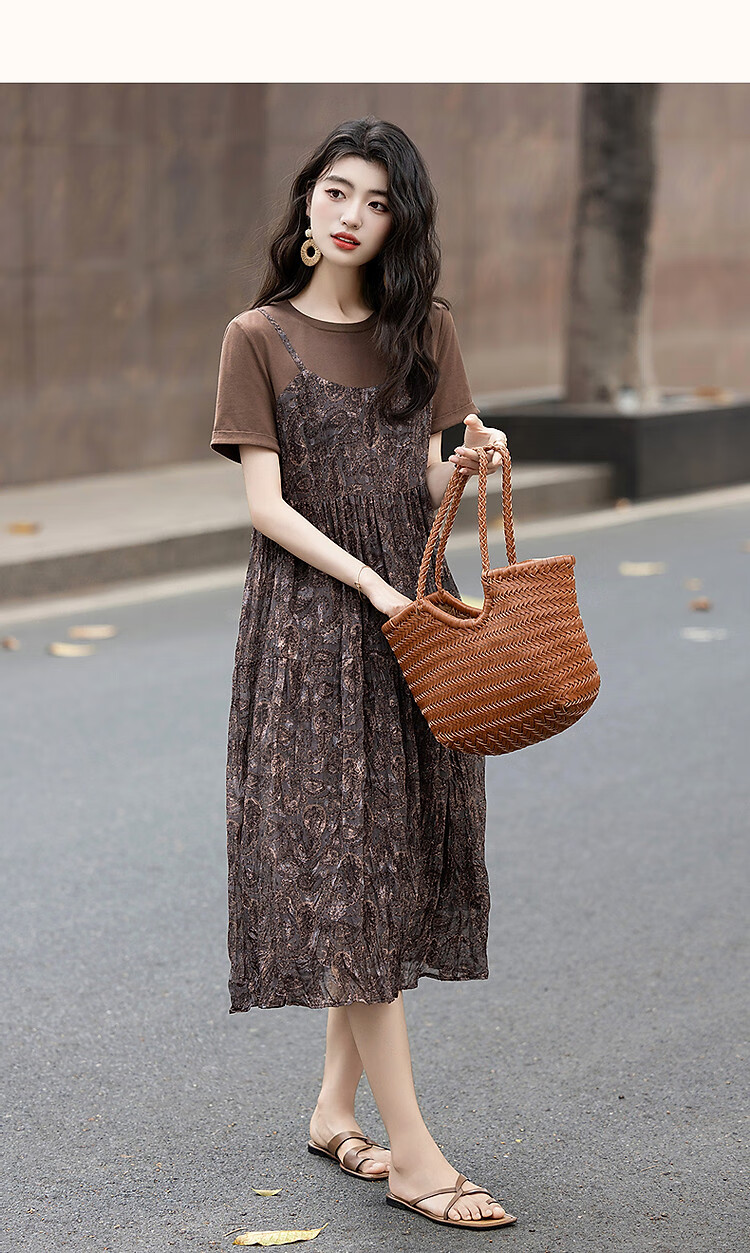 Demana Natural Crinkle Texture Summer French Romantic Faux Two-Piece Printed A-Line T-Shirt Dress for Women 7