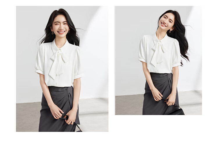 Bodexiaojie White Bow-Tie Blouse for Women, Stylish Tie-Up Short-Sleeve Top, Elegant Office Wear for White-Collar Professionals, XL 10
