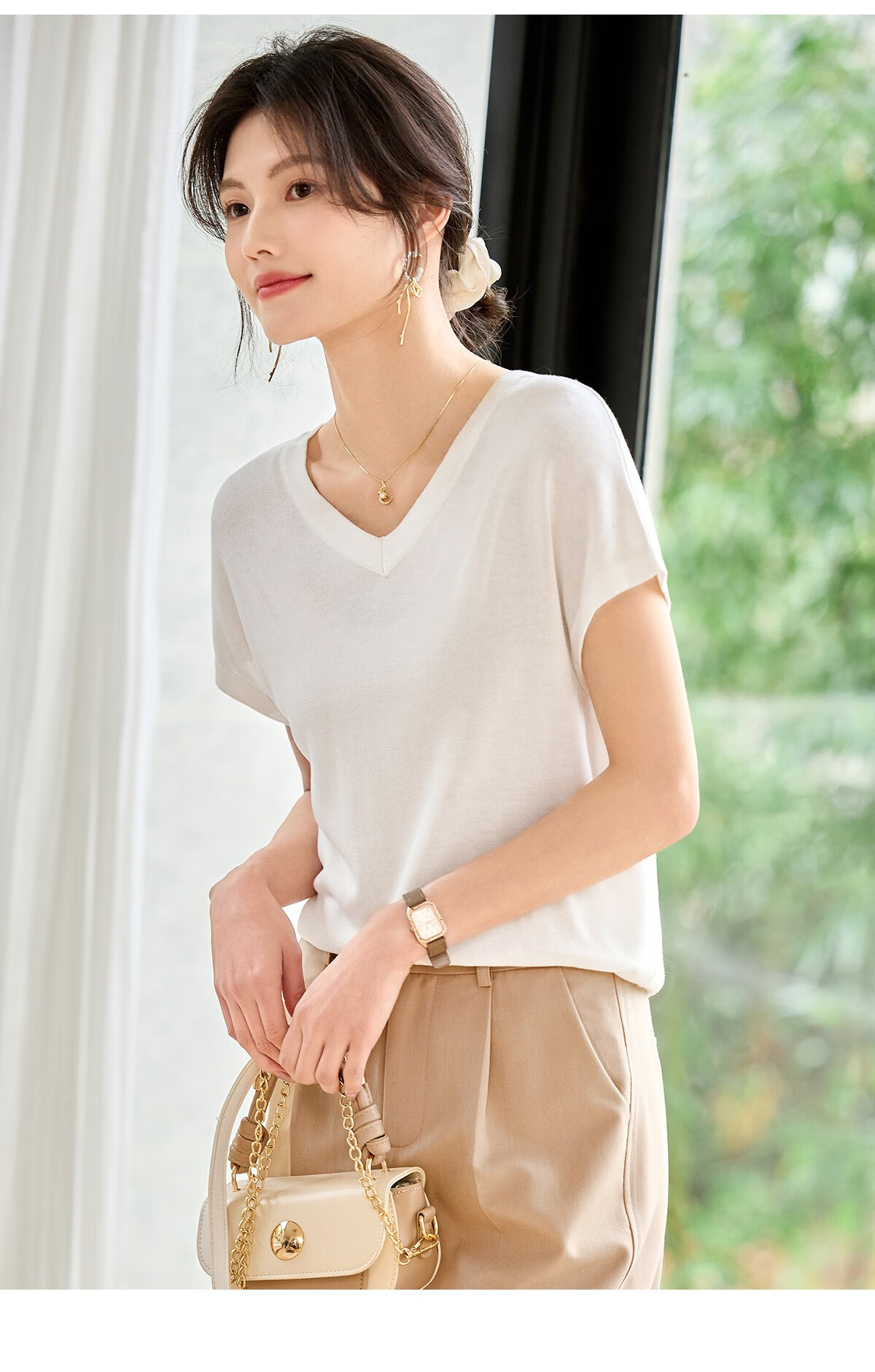 Taxiang Women's Short-Sleeve V-Neck Thin Summer Knit T-Shirt with Hollow Design at Back, Distinctive Top Blouse T52T078 19
