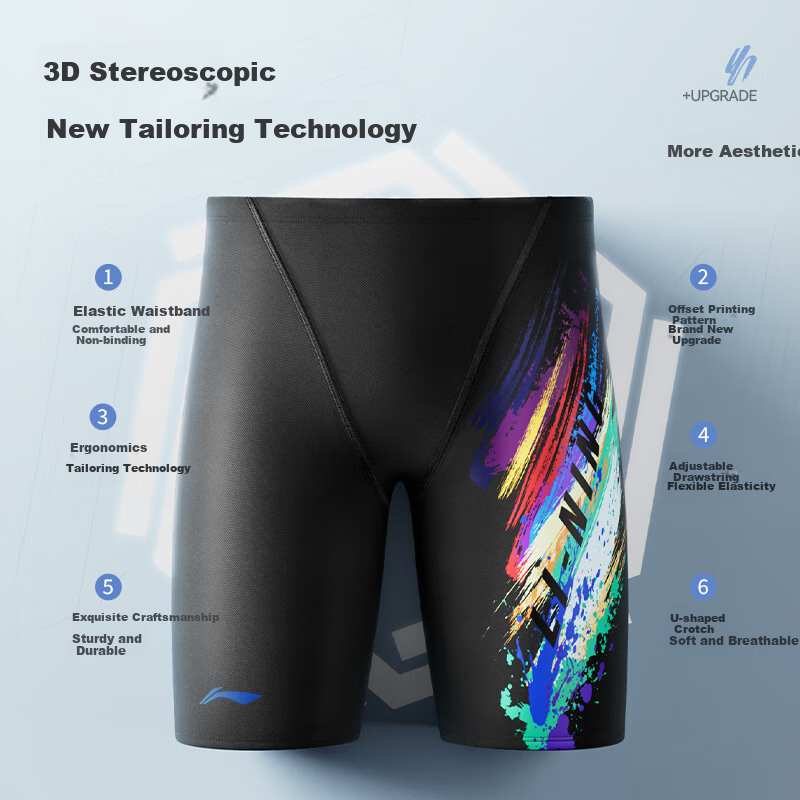 Li-Ning Swimming Trunks for Men, Anti-Embarrassment, Large Size, Knee-Length Shorts, Professional Competitive Quick-Dry Hot Spring Comfortable Swimwear 0191 Black XL