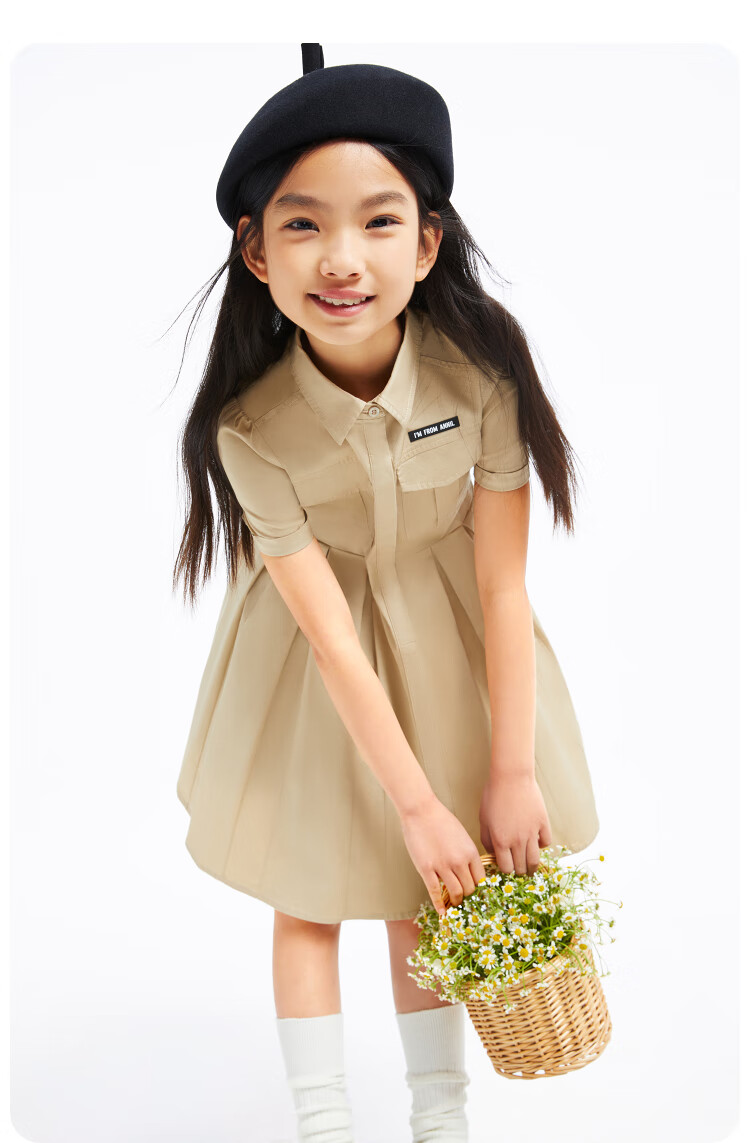 Annil Girls' Short-Sleeve Dress, Summer Pleated Artistic Workwear Style, Lightweight Breathable Dress 5