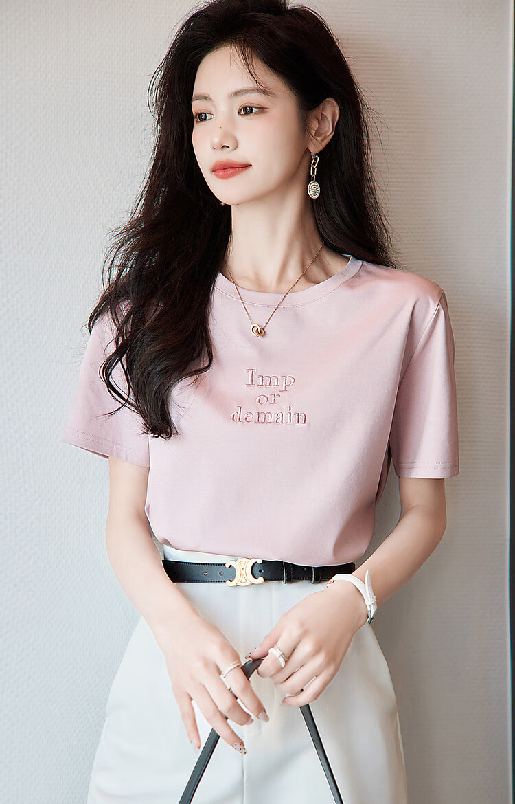 Dme Summer Simple Style Cloud-Feel Cotton with Mulberry Silk Short-Sleeve T-Shirt for Women, Silky Cotton Letter Embroidery Petite Women's T-Shirt 9
