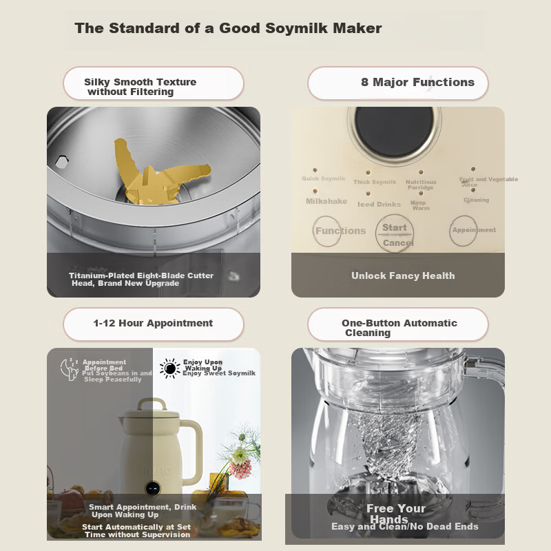 BRUNO二代豆浆机家用小型1-2人全自动智能预约免泡免滤米糊搅拌一键清洗不锈钢低噪音破壁机 象牙白0.6L