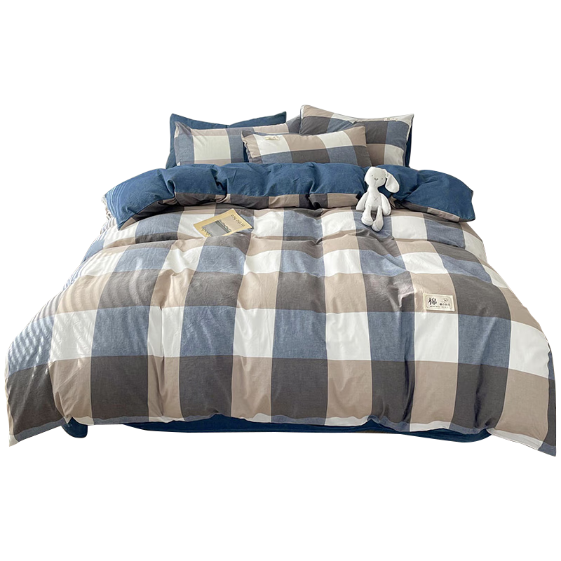 YALU & FREEDOM Duvet Cover 180*220cm Single Piece Washed Cotton Brushed Single Bed 1.8x2.2m Double Bed Dormitory Blue Large Check Patter
