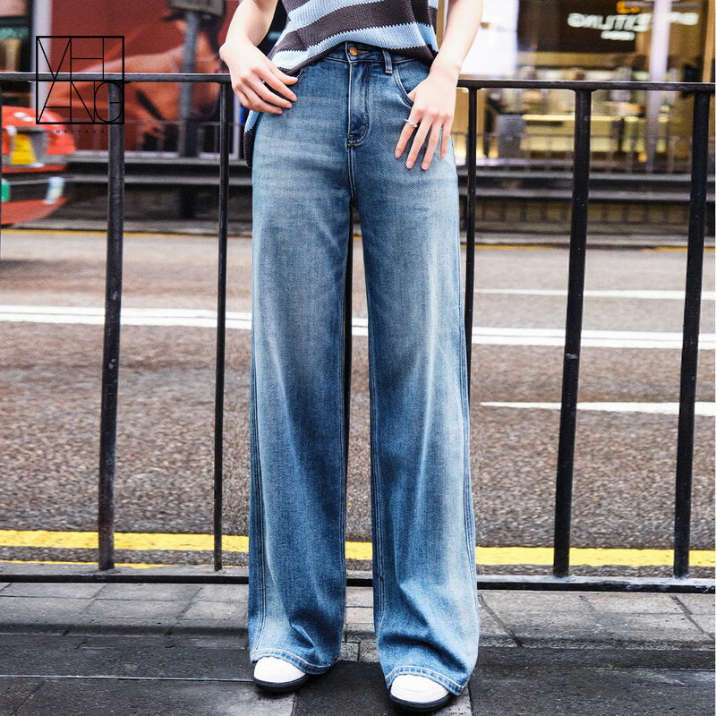 MEIYANG Jelly Denim Jeans Double Core Yarn Elastic Draped Vintage Wide-Leg Pants Blue Regular Fit L