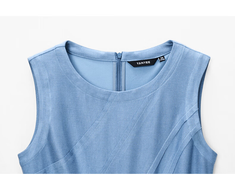 YANYEE Solid Color Vest Dress 2025 Summer Premium Blue Waist-Cinched Over-the-Knee Work Dress Blue M 16
