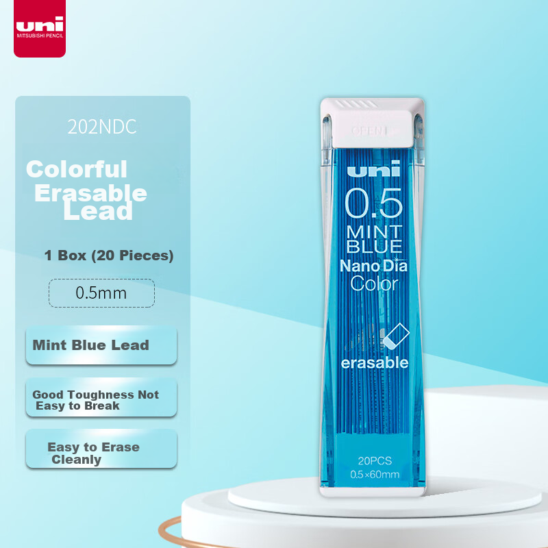 Uni Mitsubishi 202NDC Colored Erasable Lead Core 0.5mm Student Drawing Marker Pen Notebook Writing Automatic Pencil Lead, Mint Blue, 20 Pieces/tube