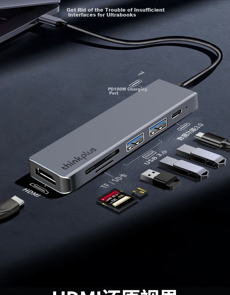 ThinkPad Lenovo Type-C Expansion Dock, USB Hub, USB-C Data SD/TF Card Reader, HDMI Adapter, 4K60Hz Laptop Expansion Dock, PD Fast Charging 100W, Metal LC06 4