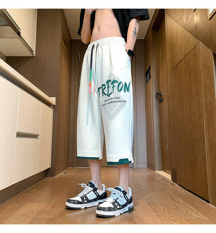 Zuofeili Men's Trendy Summer Shorts, Lightweight Loose-Fitting Cool Ice Silk Seven-Eighths Length Shorts, Fashionable Youth Casual Pants 12