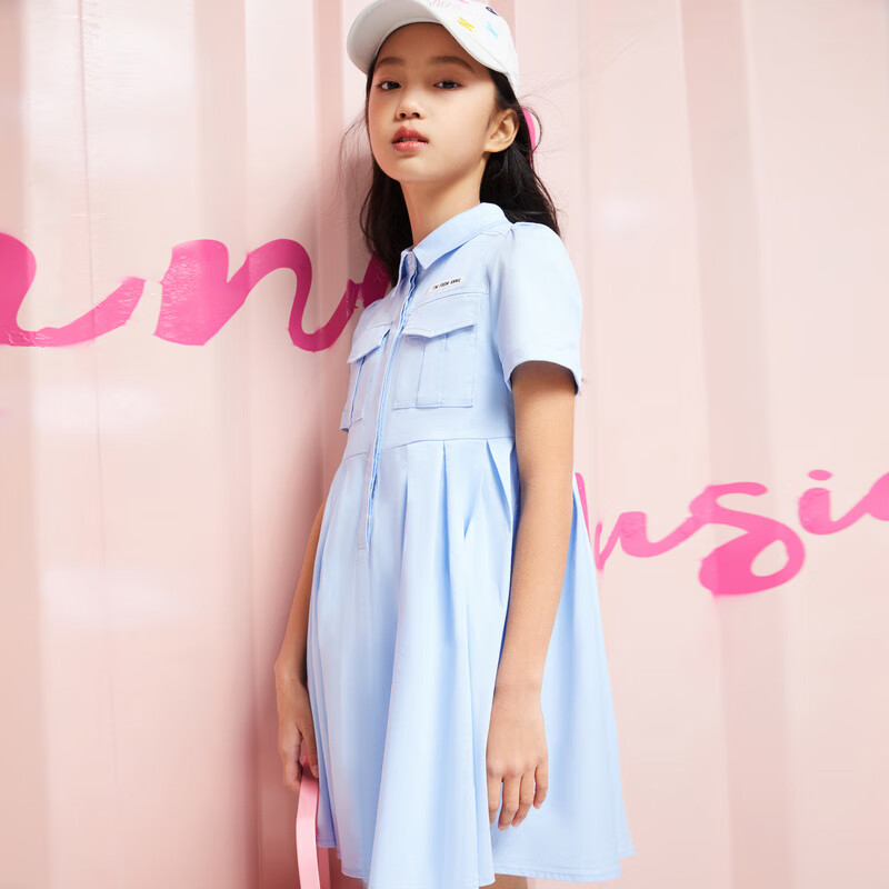 Annil Girls' Short-Sleeve Dress, Summer Pleated Artistic Workwear Style, Lightweight Breathable Dress