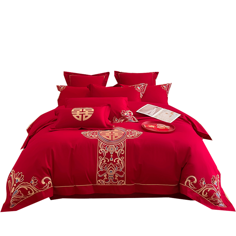 Hodo Wedding Four-Piece Set for 1.5/1.8m Bed, Chinese-Style Embroidery Wedding Quilt Duvet Cover Bed Sheet Duvet Set 2*2.3m Fusheng