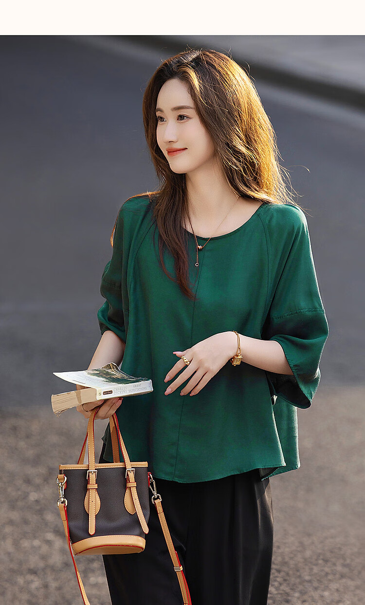 Dme [Monet Garden] Summer Lightweight Breathable Silk Blend Shirt, Round Neck, Loose Fit, Comfortable, Slimming Blouse Top 17