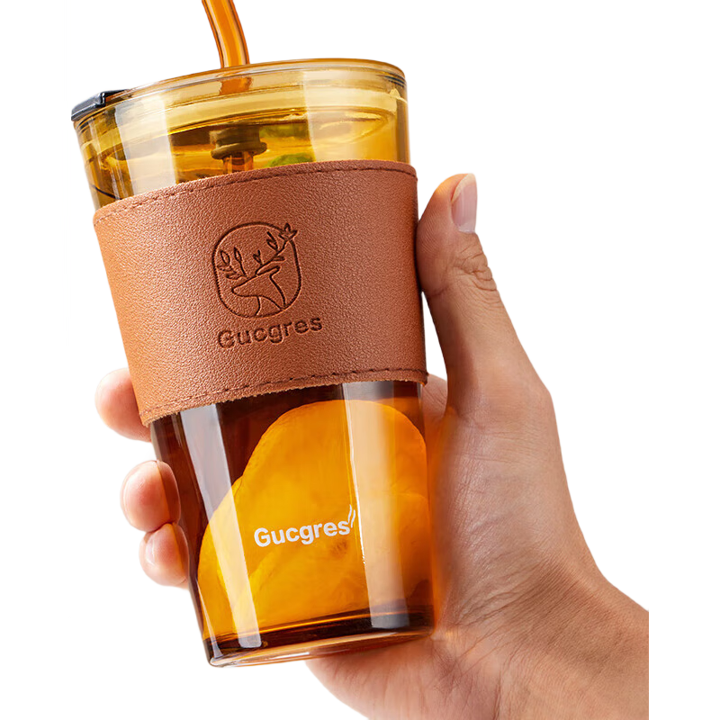 BJ Bamboo Joint Straw Cup Glass Cup Gift Water Cup with Lid Coffee Milk Tea Bamboo Joint Cup Amber Color Cup 450ml
