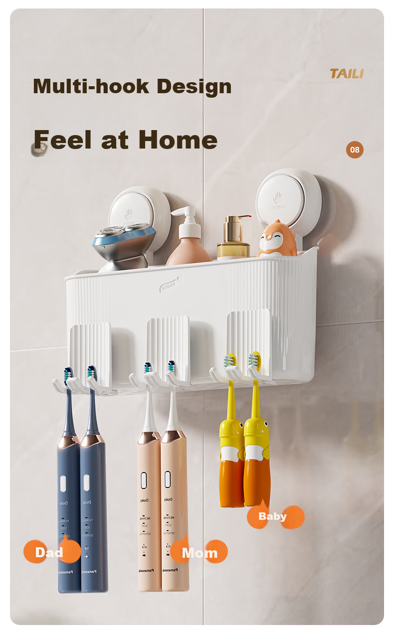 Taili Toothbrush Holder, Bathroom Wall-Mounted Mouthwash Cup Storage Rack, High-End No-Drilling Toothbrush Stand Set with Three Cups 5