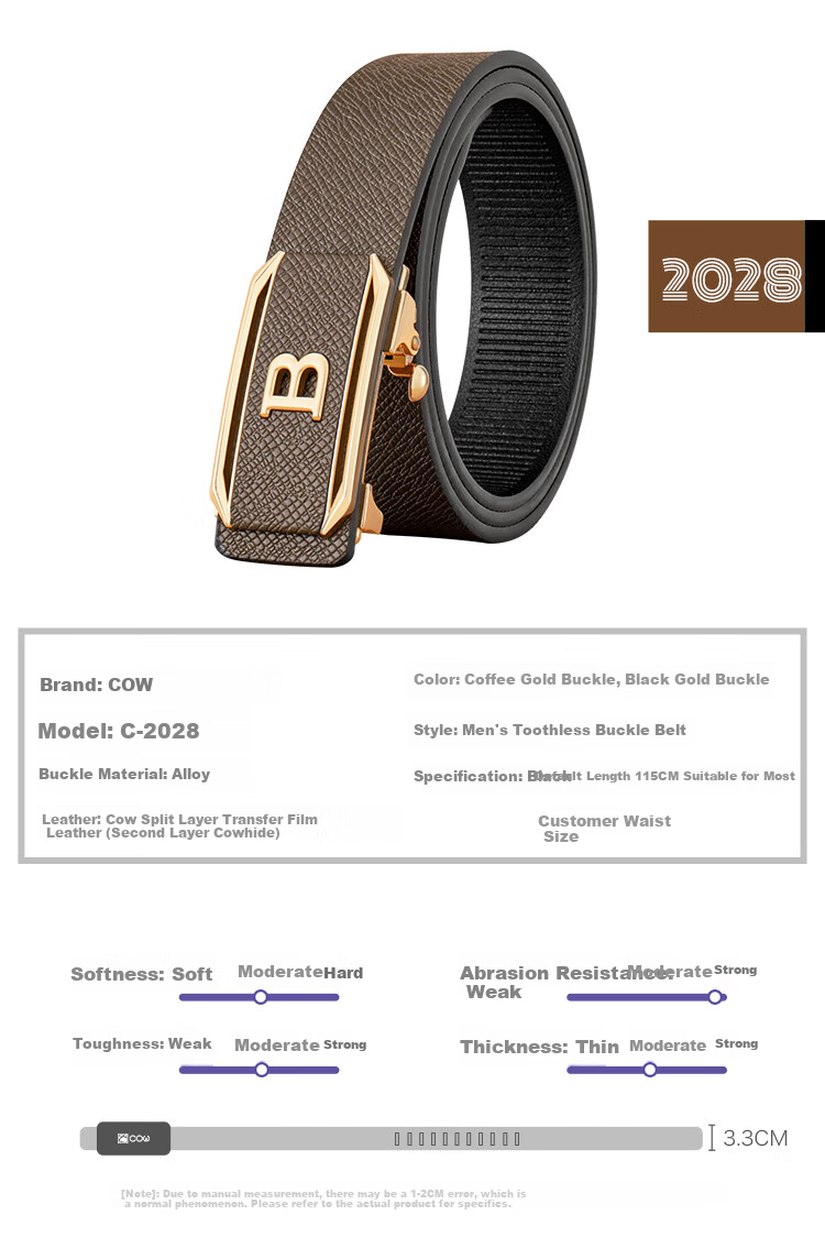 COW Men's Belt, Automatic Buckle without Teeth, Cowhide Waistband, Gift Box, Simple Business Style, Trouser Belt, Father's Day Gift, 2028 7