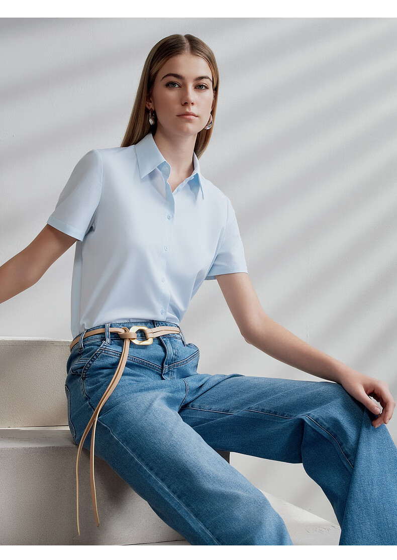 G2000 Modal Stretch Women's Short Sleeve Shirt with Bow Gift Spring Summer Mall Edition Ice Blue Size 38 9